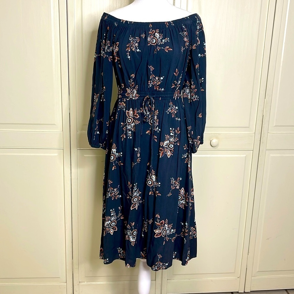 LOFT Women’s Off Shoulder Navy Blue Floral Balloon Sleeve Midi Dress Size Small